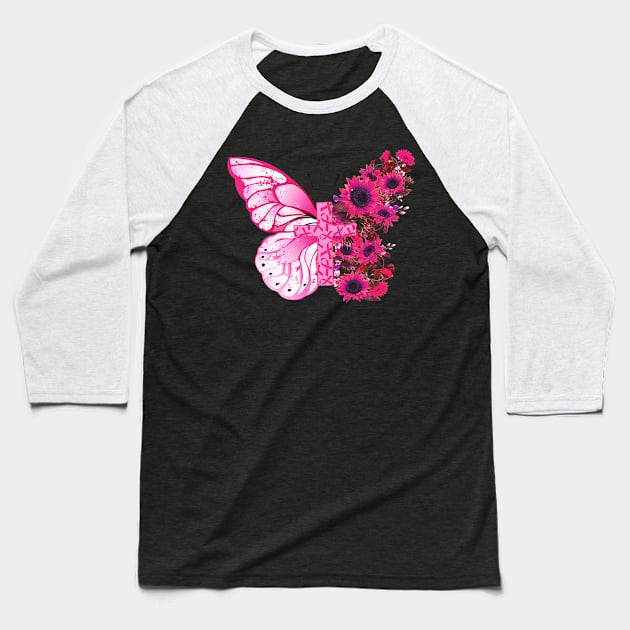 Butterfly Pink Ribbon Breast Cancer Shirt Baseball T-Shirt by Gendon Design